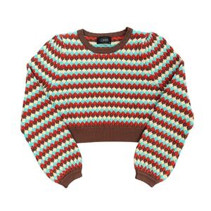 Cider Womens XL Cropped Knit Sweater Brown Blue Red Diamond Geometric Pattern